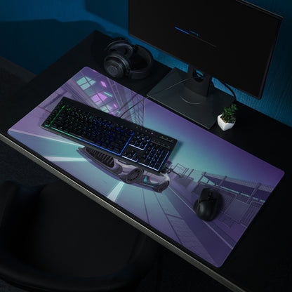 Mercedes-AMG GT3 Inspired Silver Purple Vaporwave Gaming Mouse Pad – Neon Racetrack Garage Desk Mat with Cyberpunk Lighting and Motorsport Art