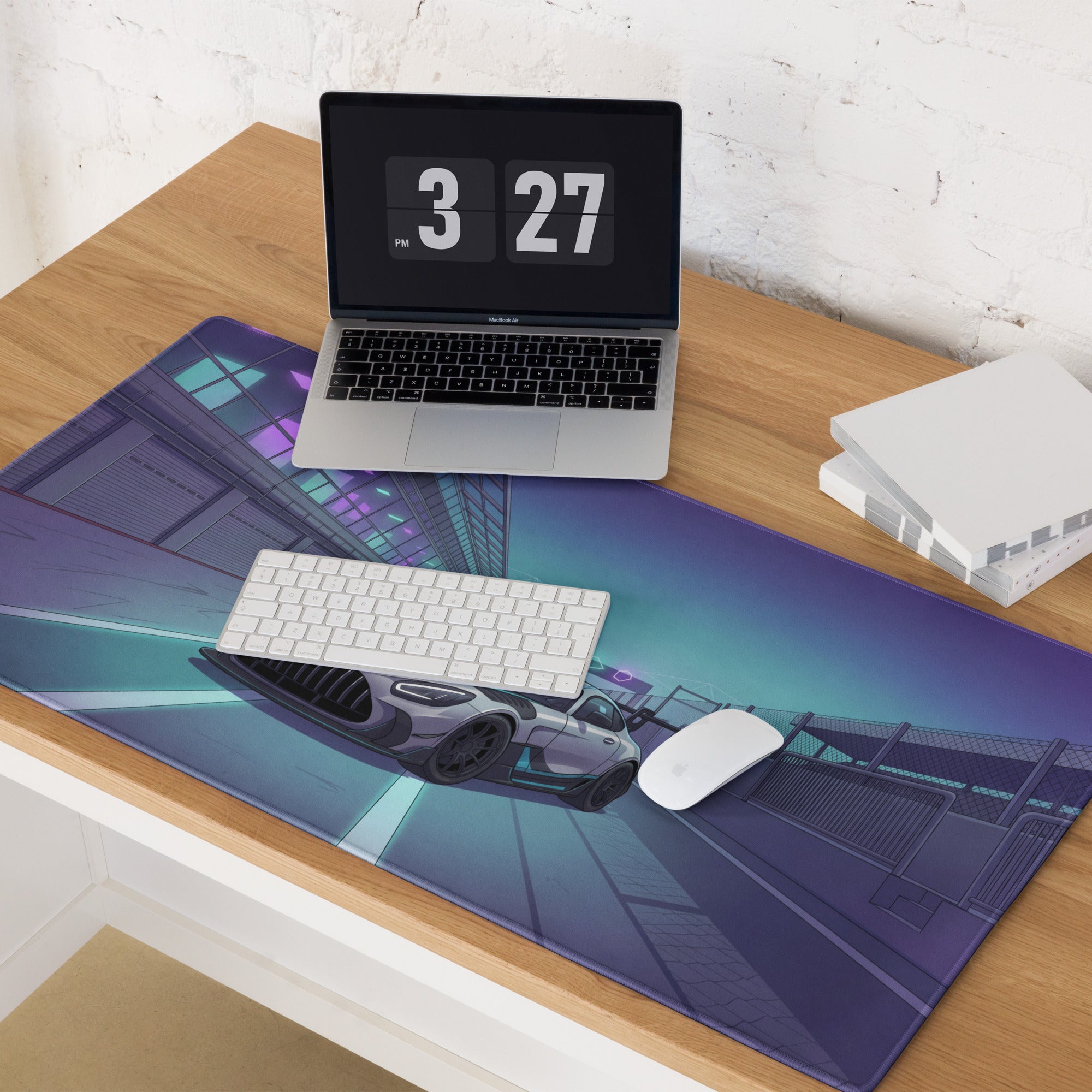 Mercedes-AMG GT3 Inspired Silver Purple Vaporwave Gaming Mouse Pad – Neon Racetrack Garage Desk Mat with Cyberpunk Lighting and Motorsport Art