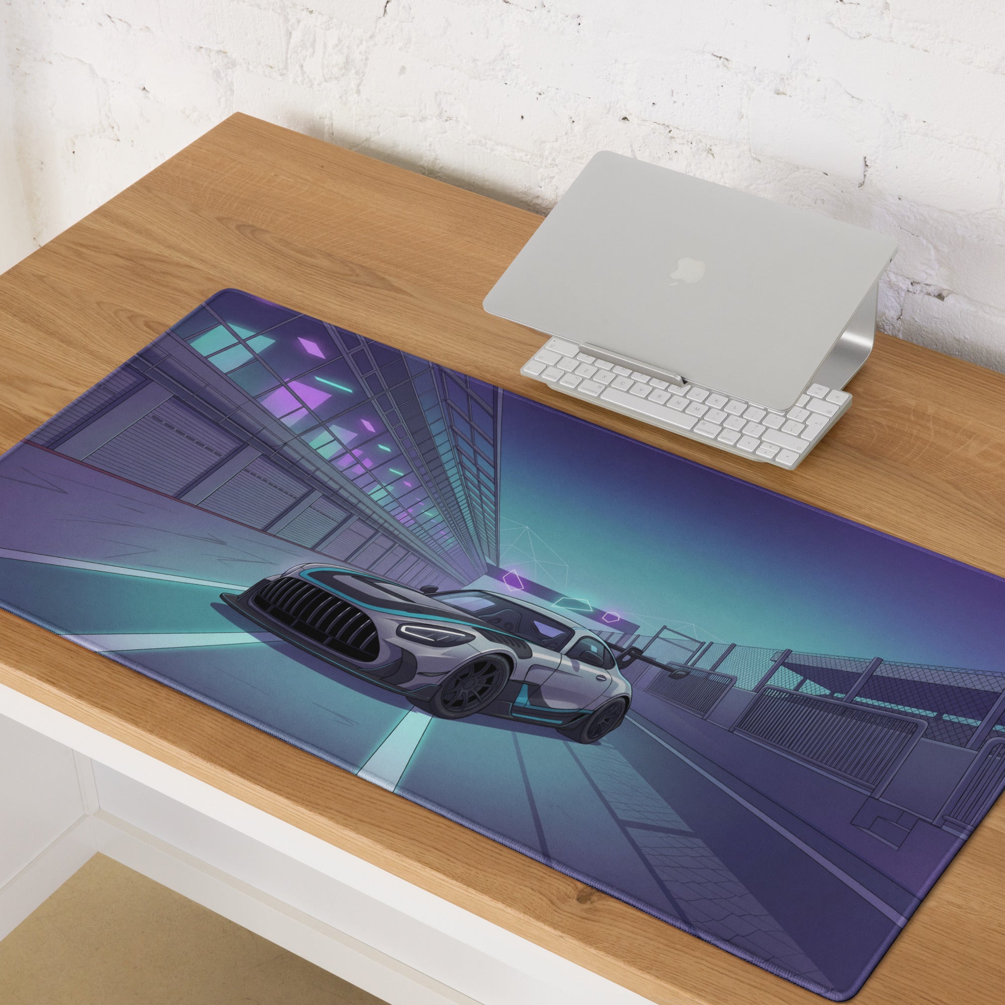 Mercedes-AMG GT3 Inspired Silver Purple Vaporwave Gaming Mouse Pad – Neon Racetrack Garage Desk Mat with Cyberpunk Lighting and Motorsport Art