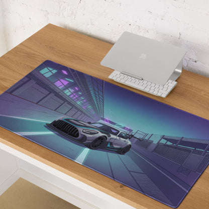 Mercedes-AMG GT3 Inspired Silver Purple Vaporwave Gaming Mouse Pad – Neon Racetrack Garage Desk Mat with Cyberpunk Lighting and Motorsport Art