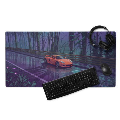Porsche Carrera GT Inspired Orange Purple Vaporwave Gaming Mouse Pad – Moody Forest Highway Desk Mat with Reflective Neon Road and Synthwave Supercar Art