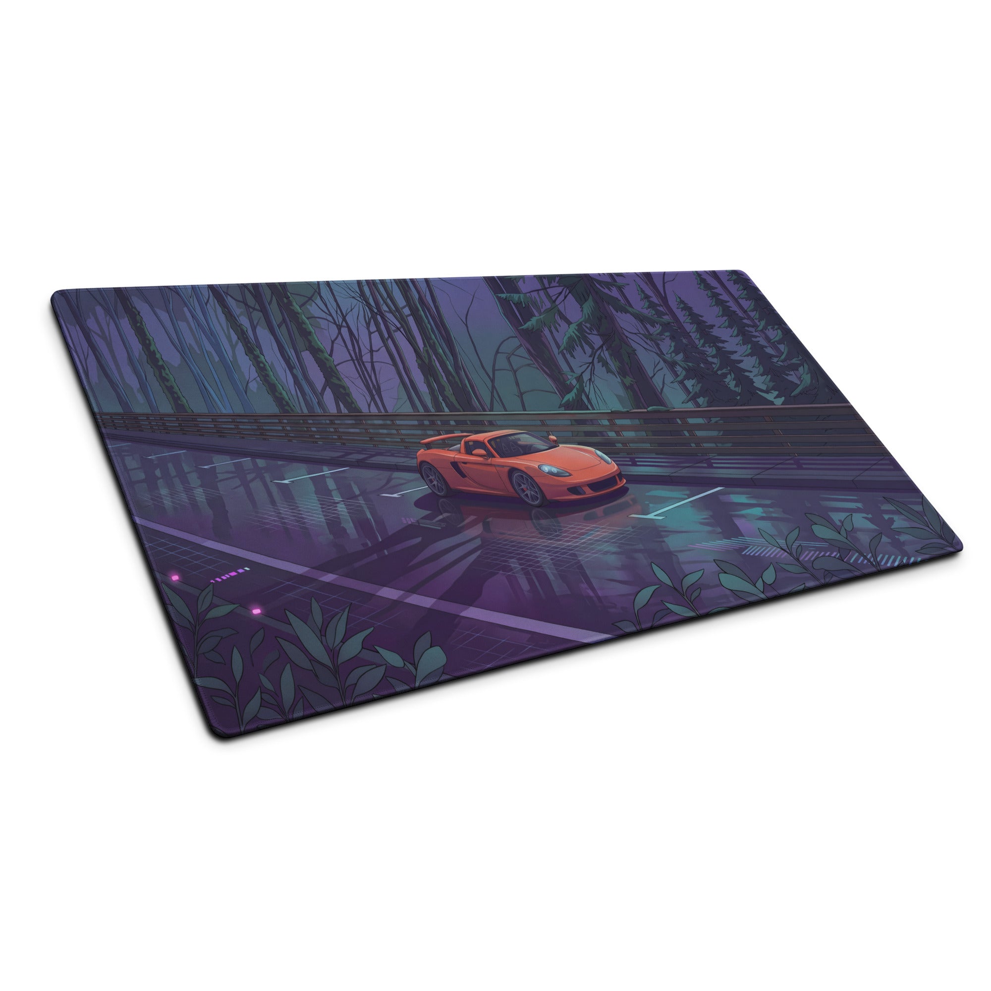 Porsche Carrera GT Inspired Orange Purple Vaporwave Gaming Mouse Pad – Moody Forest Highway Desk Mat with Reflective Neon Road and Synthwave Supercar Art