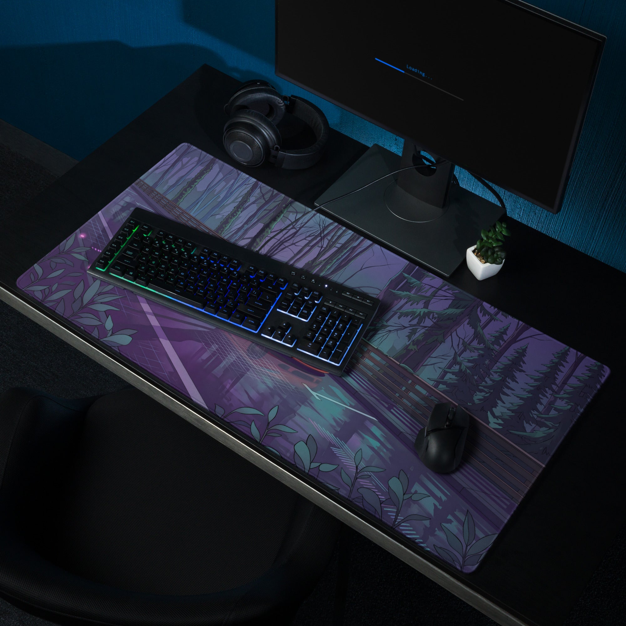 Porsche Carrera GT Inspired Orange Purple Vaporwave Gaming Mouse Pad – Moody Forest Highway Desk Mat with Reflective Neon Road and Synthwave Supercar Art