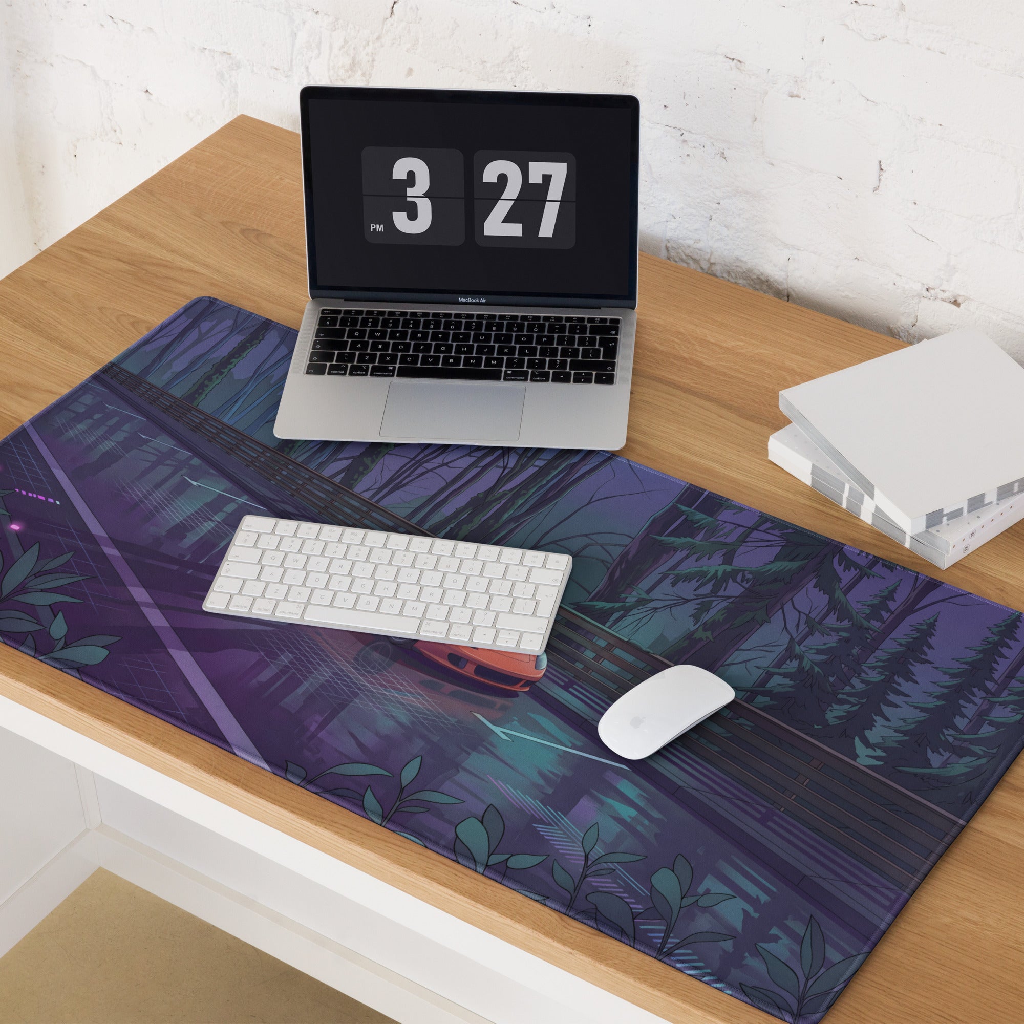 Porsche Carrera GT Inspired Orange Purple Vaporwave Gaming Mouse Pad – Moody Forest Highway Desk Mat with Reflective Neon Road and Synthwave Supercar Art