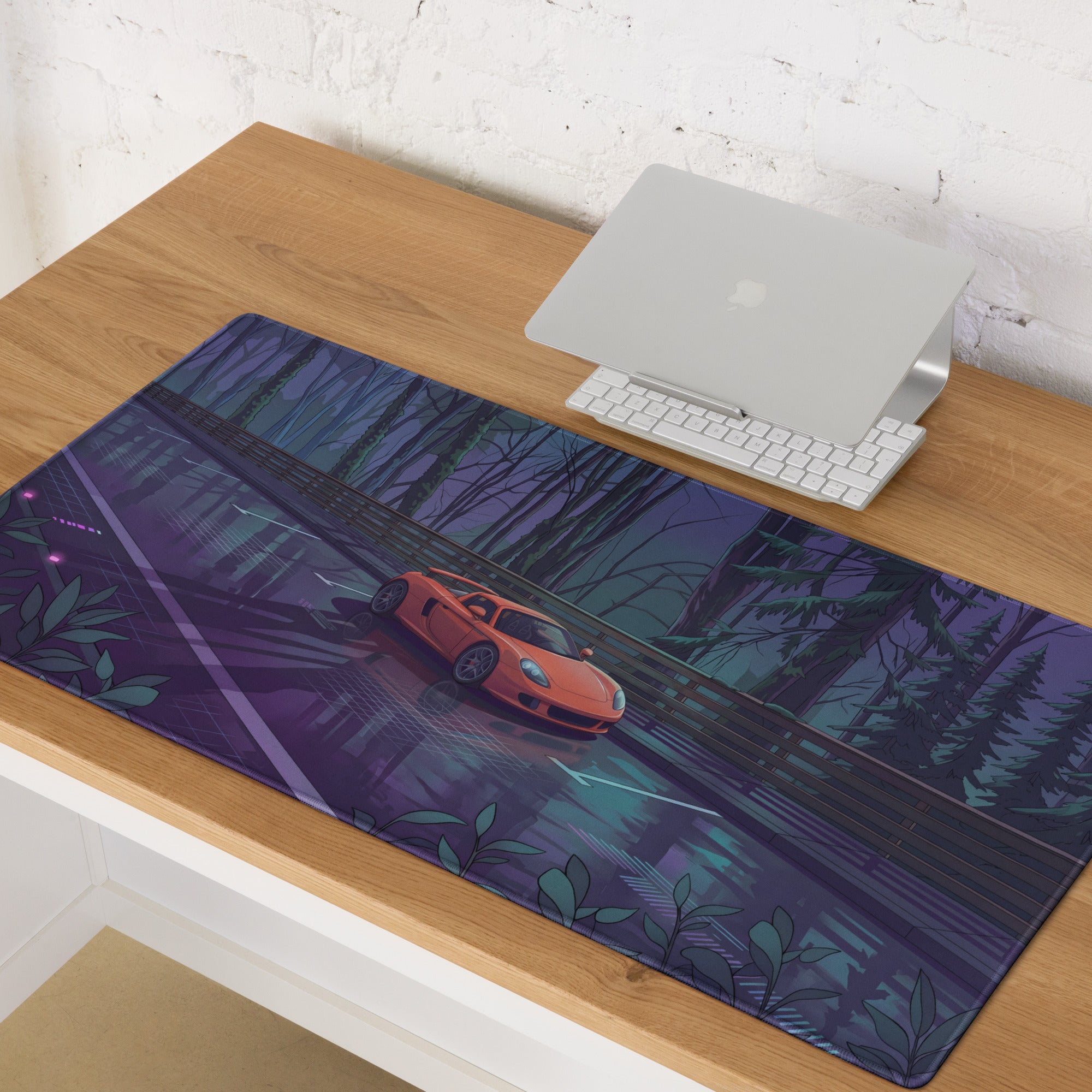 Porsche Carrera GT Inspired Orange Purple Vaporwave Gaming Mouse Pad – Moody Forest Highway Desk Mat with Reflective Neon Road and Synthwave Supercar Art
