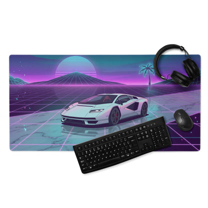 Lamborghini Countach Inspired White Purple Vaporwave Gaming Mouse Pad – Neon Sunset Grid Desk Mat with Retro Futuristic Palm Tree and Synthwave Supercar Art