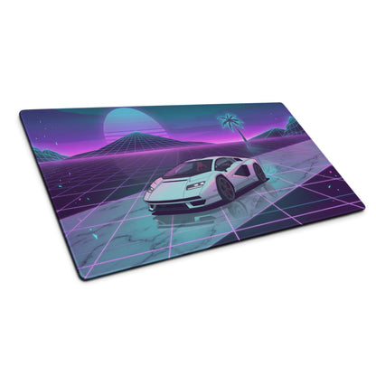 Lamborghini Countach Inspired White Purple Vaporwave Gaming Mouse Pad – Neon Sunset Grid Desk Mat with Retro Futuristic Palm Tree and Synthwave Supercar Art
