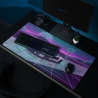 Lamborghini Countach Inspired White Purple Vaporwave Gaming Mouse Pad – Neon Sunset Grid Desk Mat with Retro Futuristic Palm Tree and Synthwave Supercar Art