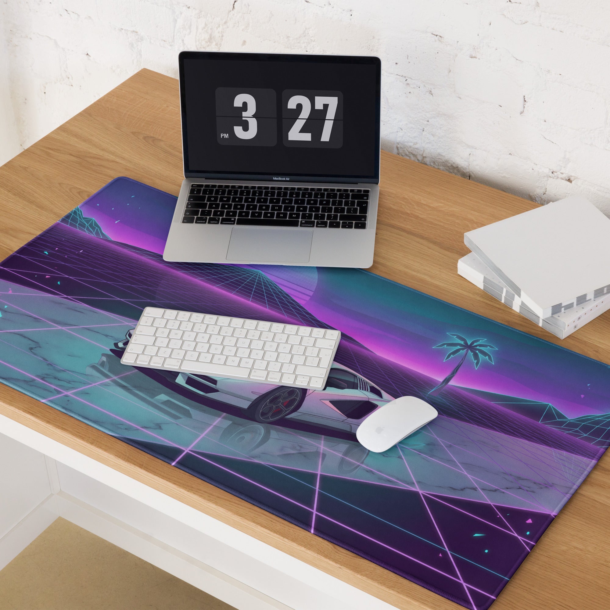 Lamborghini Countach Inspired White Purple Vaporwave Gaming Mouse Pad – Neon Sunset Grid Desk Mat with Retro Futuristic Palm Tree and Synthwave Supercar Art