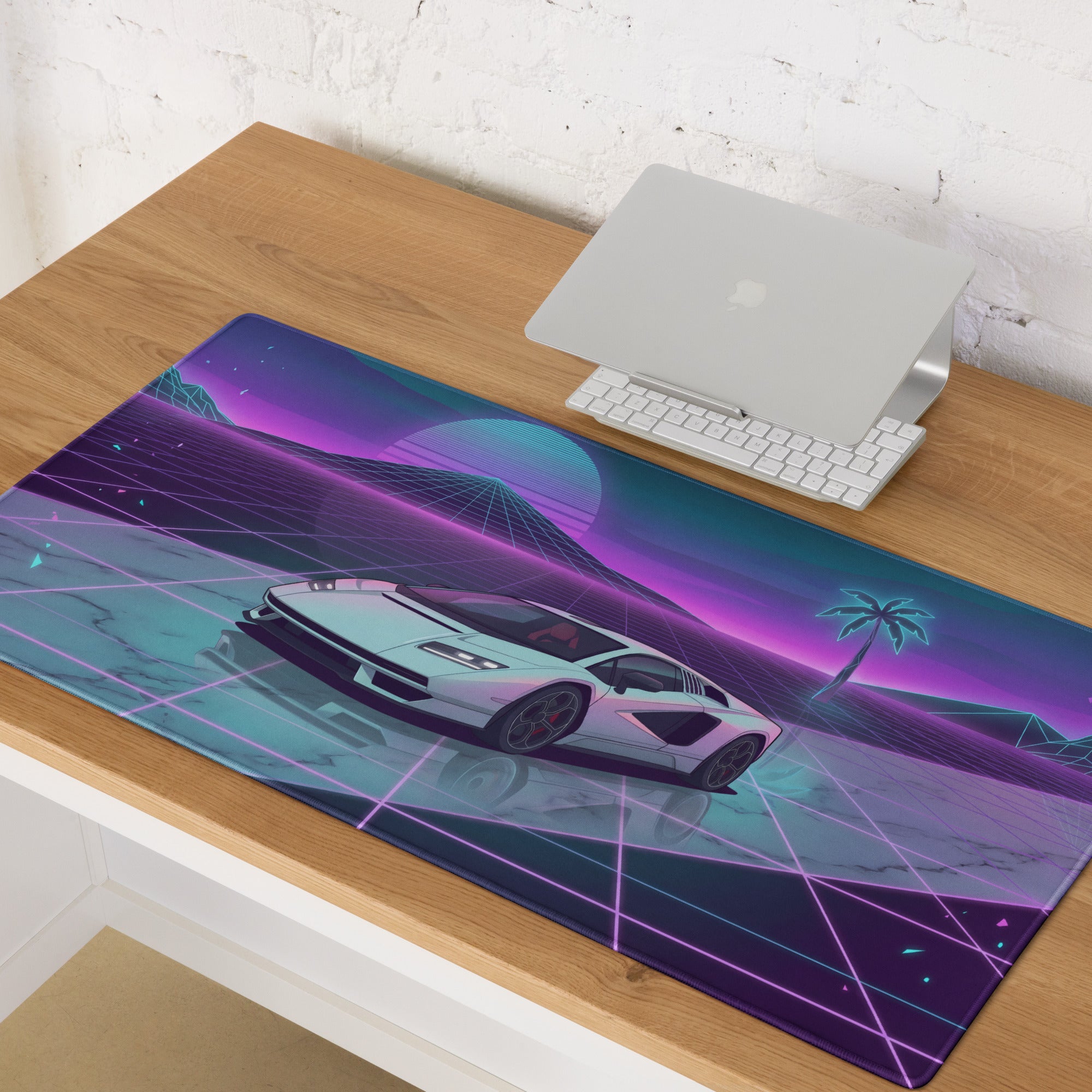 Lamborghini Countach Inspired White Purple Vaporwave Gaming Mouse Pad – Neon Sunset Grid Desk Mat with Retro Futuristic Palm Tree and Synthwave Supercar Art