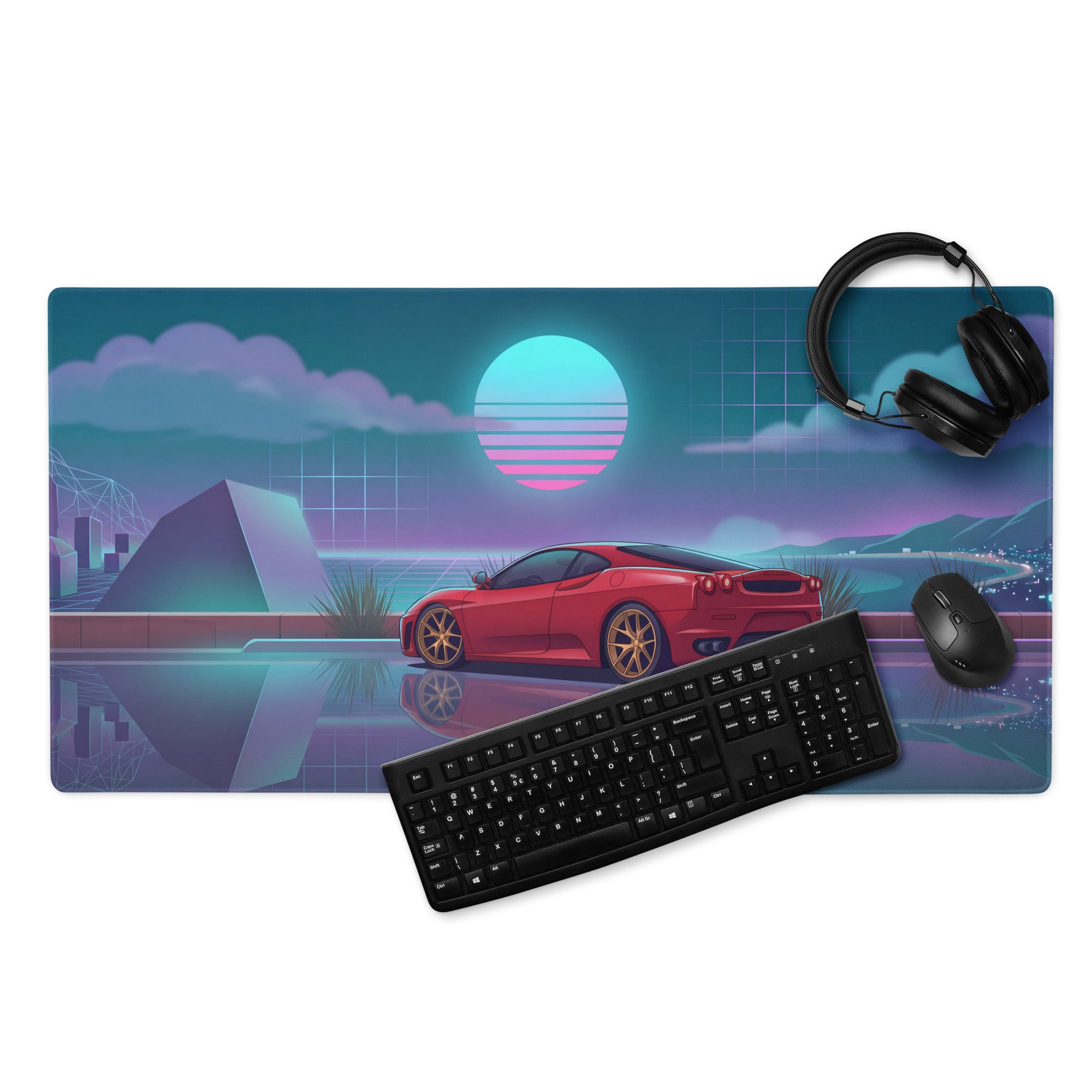 Ferrari F430 Inspired Red Teal Vaporwave Gaming Mouse Pad – Neon Sunset Desk Mat with Reflective Retro Futuristic Landscape and Synthwave Supercar Art