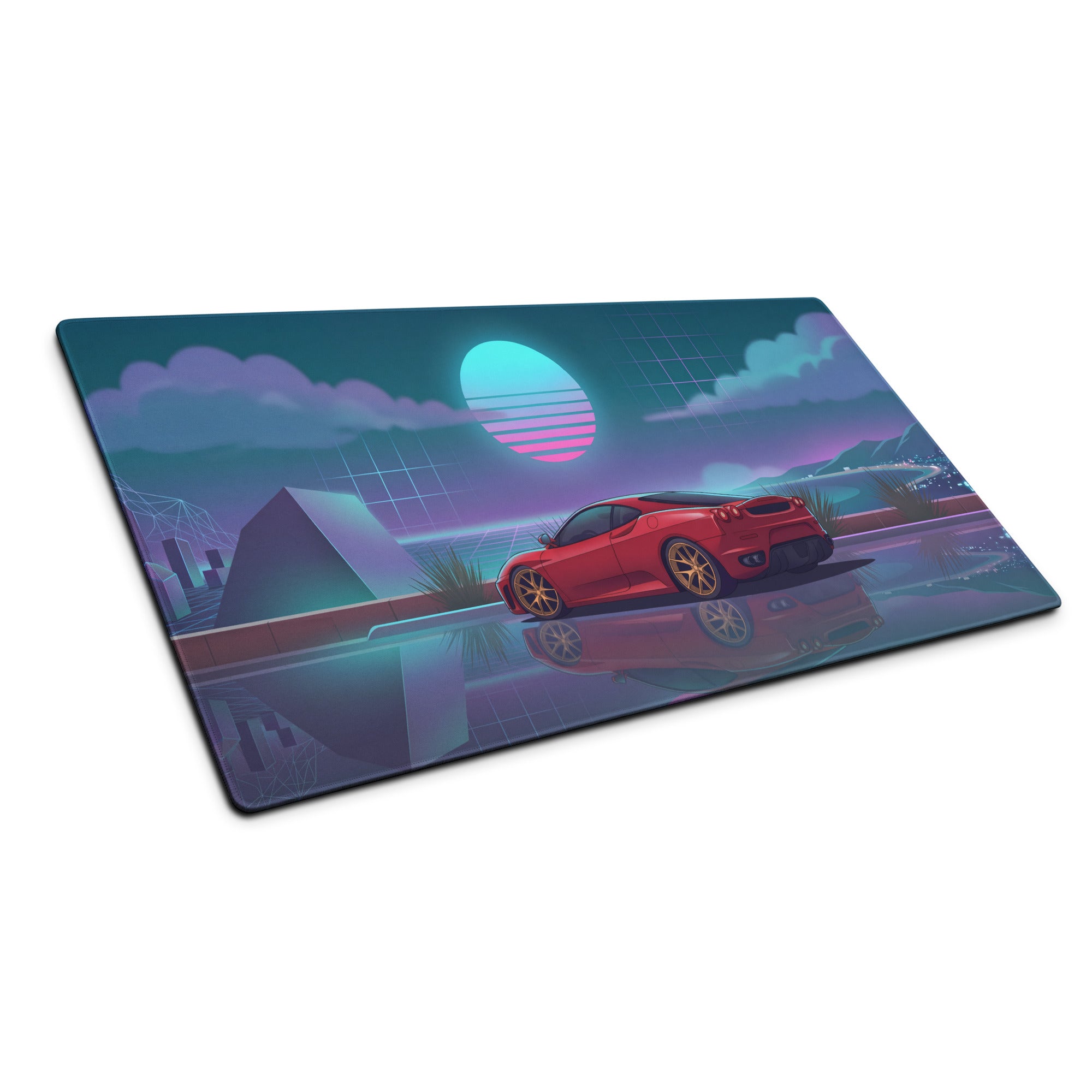 Ferrari F430 Inspired Red Teal Vaporwave Gaming Mouse Pad – Neon Sunset Desk Mat with Reflective Retro Futuristic Landscape and Synthwave Supercar Art