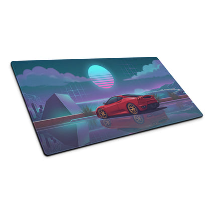 Ferrari F430 Inspired Red Teal Vaporwave Gaming Mouse Pad – Neon Sunset Desk Mat with Reflective Retro Futuristic Landscape and Synthwave Supercar Art