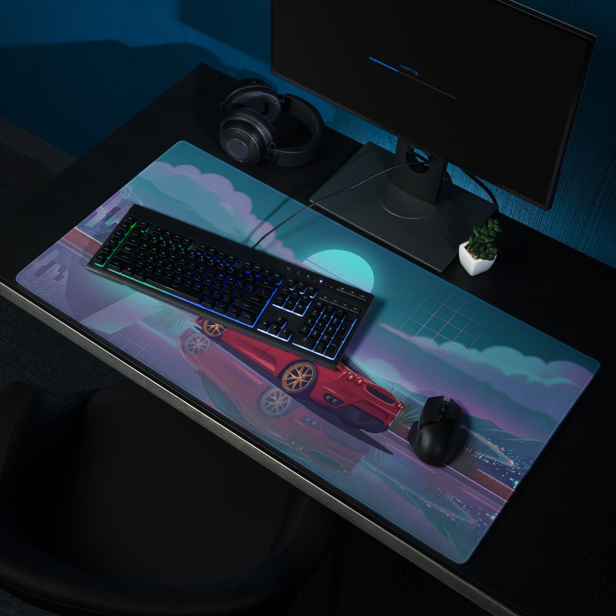 Ferrari F430 Inspired Red Teal Vaporwave Gaming Mouse Pad – Neon Sunset Desk Mat with Reflective Retro Futuristic Landscape and Synthwave Supercar Art