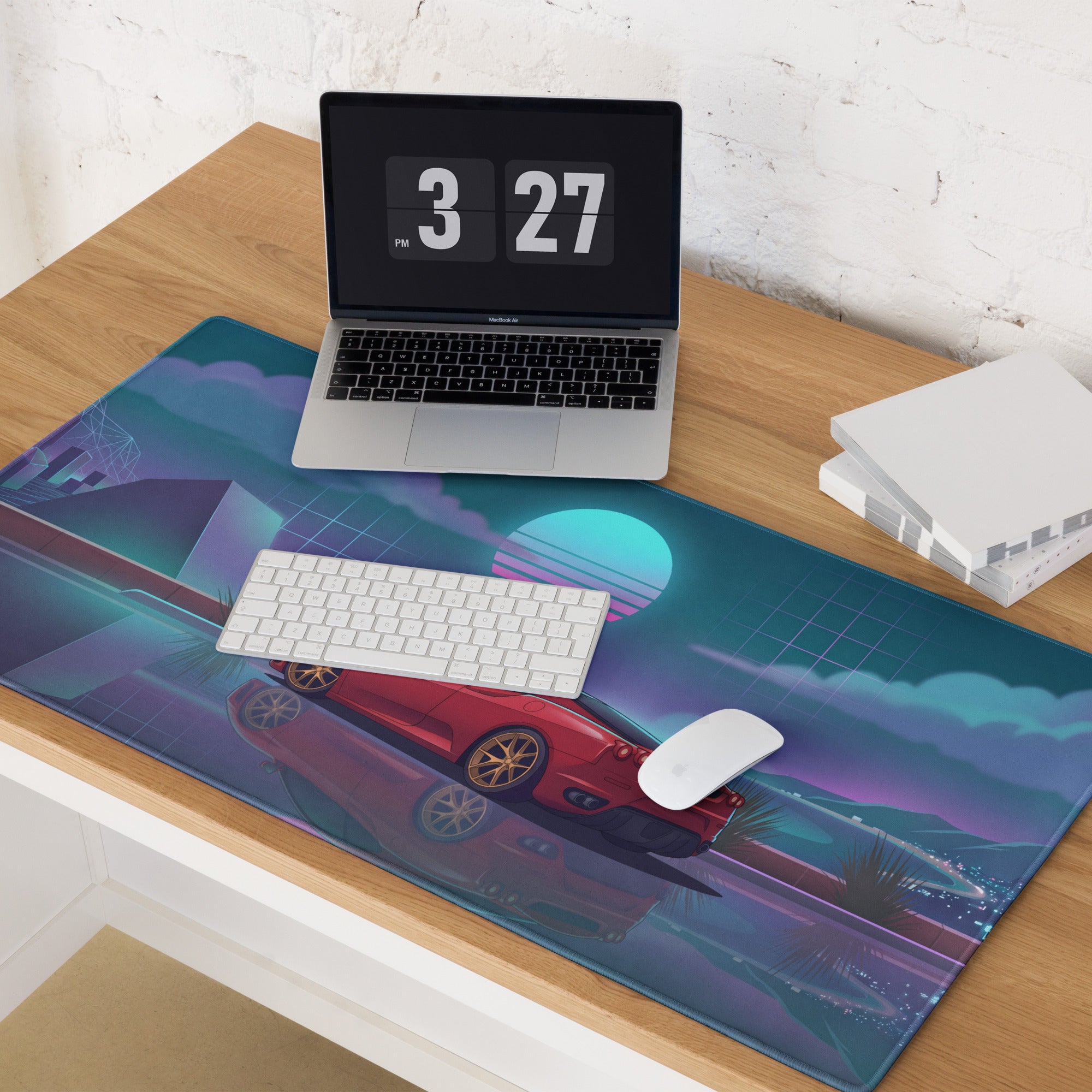 Ferrari F430 Inspired Red Teal Vaporwave Gaming Mouse Pad – Neon Sunset Desk Mat with Reflective Retro Futuristic Landscape and Synthwave Supercar Art