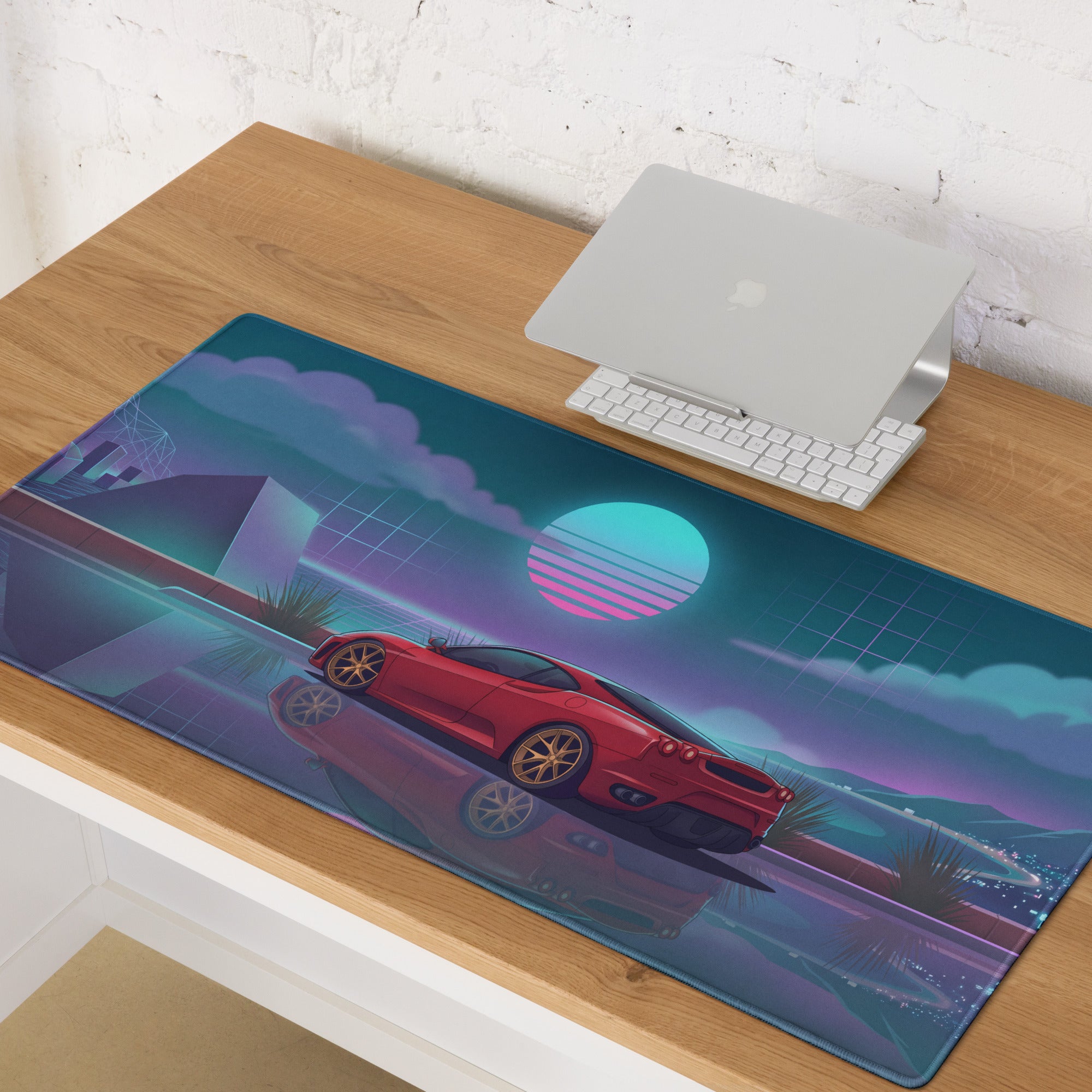Ferrari F430 Inspired Red Teal Vaporwave Gaming Mouse Pad – Neon Sunset Desk Mat with Reflective Retro Futuristic Landscape and Synthwave Supercar Art