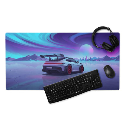 Porsche 911 GT3 RS Inspired Silver Purple Vaporwave Gaming Mouse Pad – Neon Ice Landscape Desk Mat, Futuristic City Digital Automotive Art