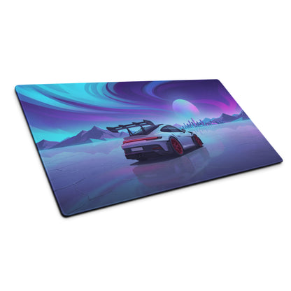 Porsche 911 GT3 RS Inspired Silver Purple Vaporwave Gaming Mouse Pad – Neon Ice Landscape Desk Mat, Futuristic City Digital Automotive Art