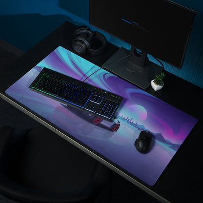 Porsche 911 GT3 RS Inspired Silver Purple Vaporwave Gaming Mouse Pad – Neon Ice Landscape Desk Mat, Futuristic City Digital Automotive Art