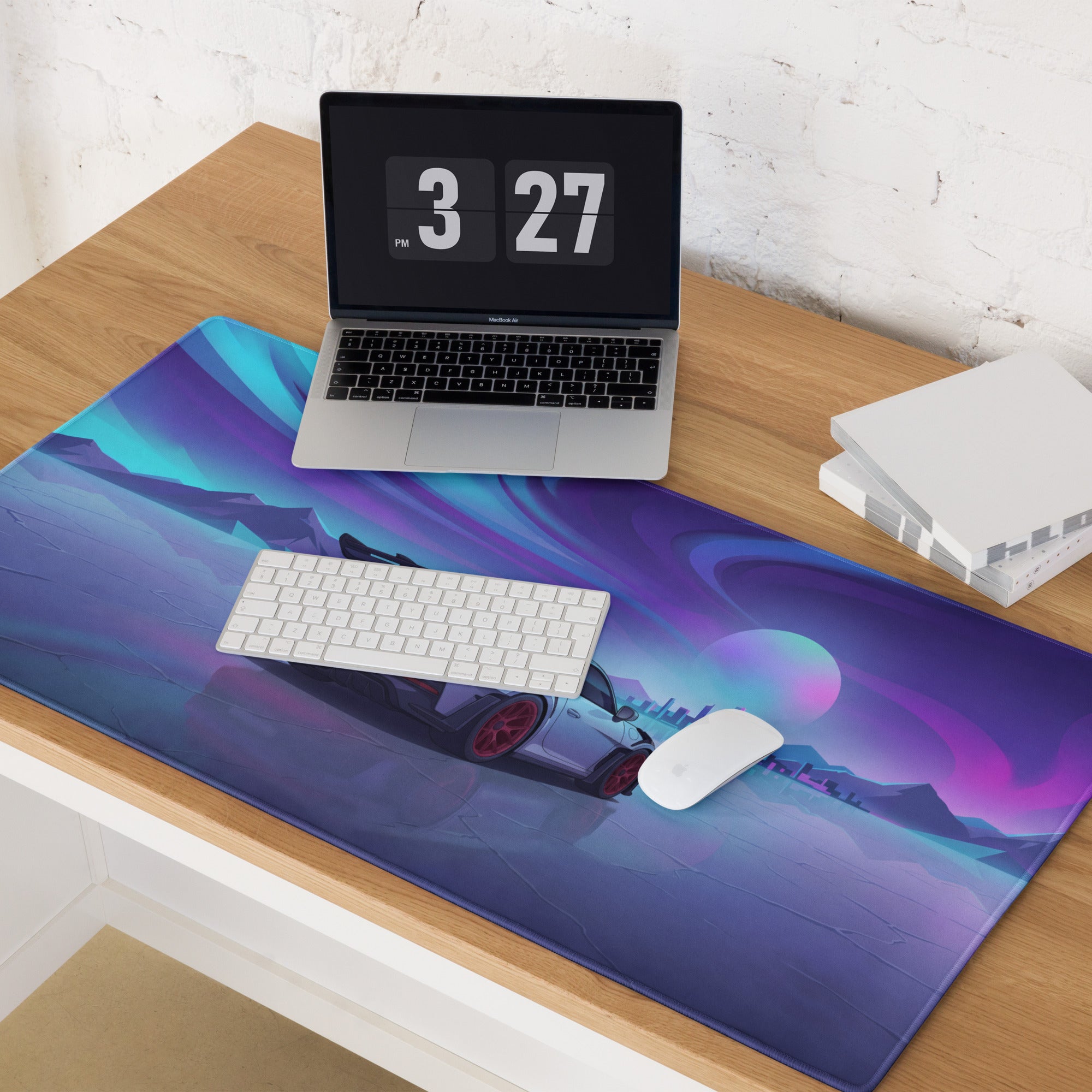 Porsche 911 GT3 RS Inspired Silver Purple Vaporwave Gaming Mouse Pad – Neon Ice Landscape Desk Mat, Futuristic City Digital Automotive Art