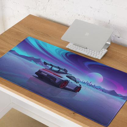 Porsche 911 GT3 RS Inspired Silver Purple Vaporwave Gaming Mouse Pad – Neon Ice Landscape Desk Mat, Futuristic City Digital Automotive Art