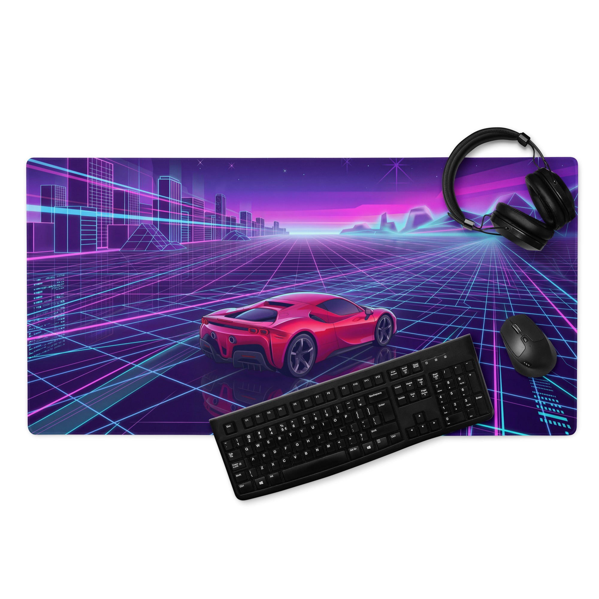 Ferrari SF90 Stradale Inspired Red Purple Vaporwave Gaming Mouse Pad – Neon Cyber Grid Desk Mat, Retro Futuristic Cityscape Digital Car Art