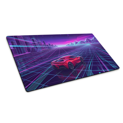Ferrari SF90 Stradale Inspired Red Purple Vaporwave Gaming Mouse Pad – Neon Cyber Grid Desk Mat, Retro Futuristic Cityscape Digital Car Art