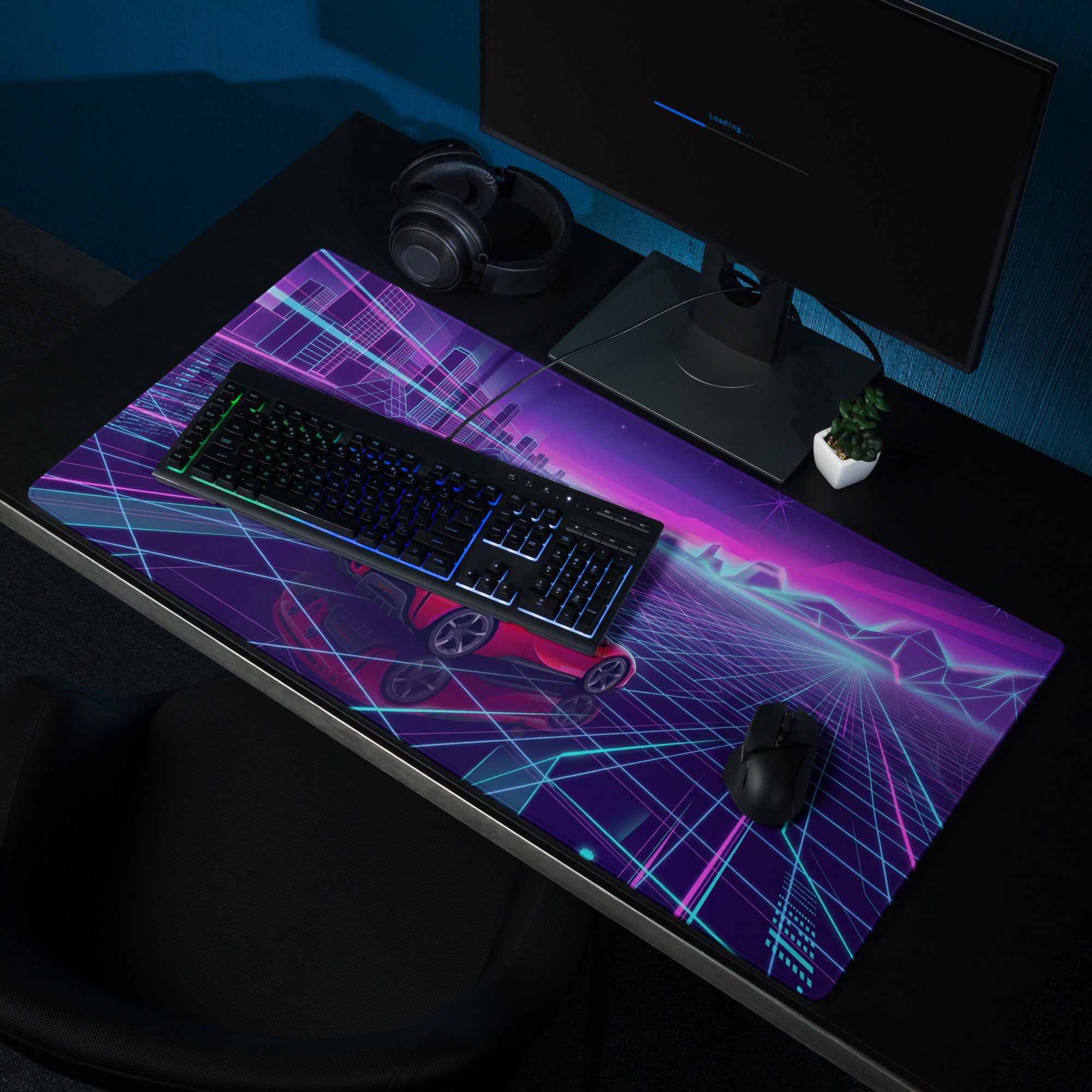 Ferrari SF90 Stradale Inspired Red Purple Vaporwave Gaming Mouse Pad – Neon Cyber Grid Desk Mat, Retro Futuristic Cityscape Digital Car Art