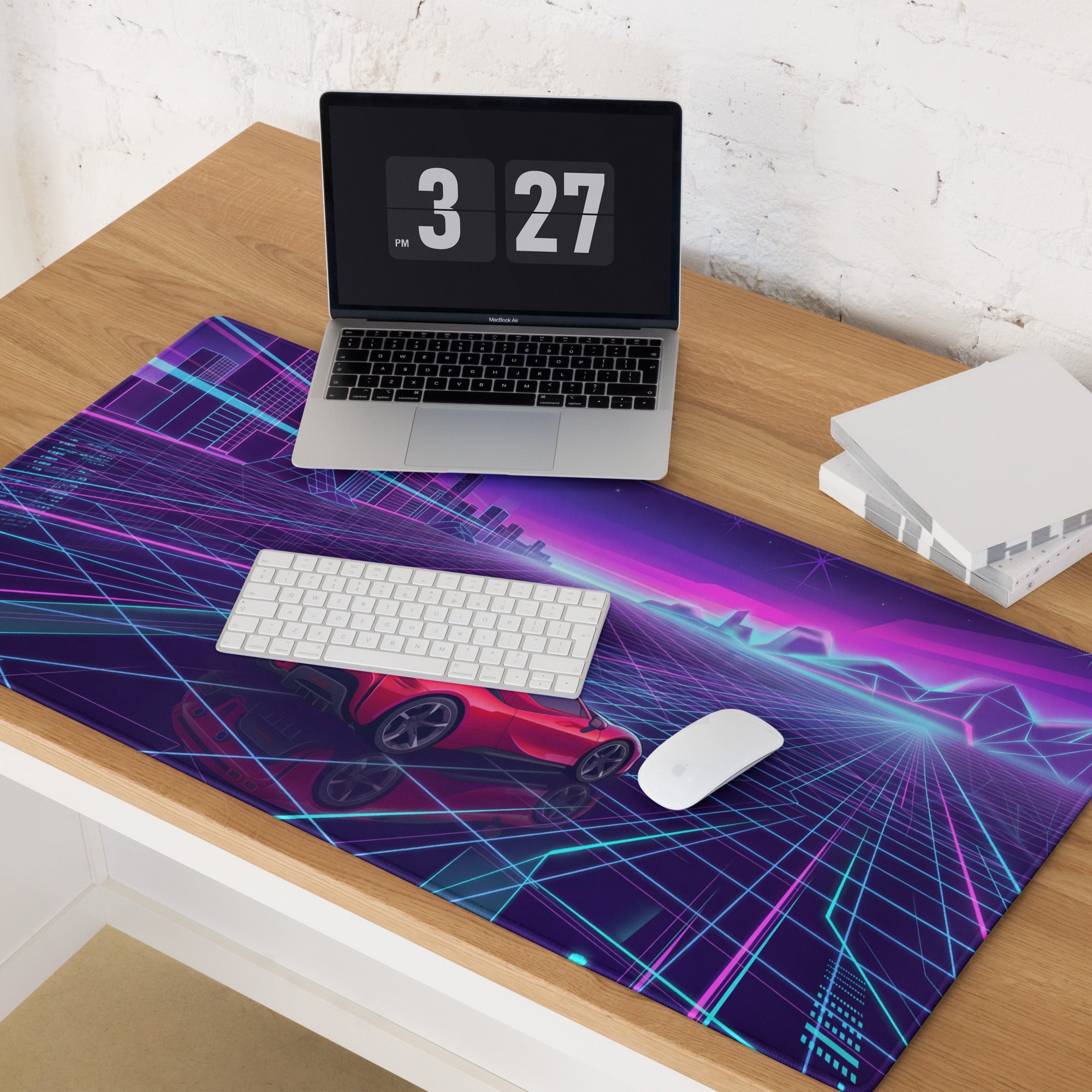 Ferrari SF90 Stradale Inspired Red Purple Vaporwave Gaming Mouse Pad – Neon Cyber Grid Desk Mat, Retro Futuristic Cityscape Digital Car Art