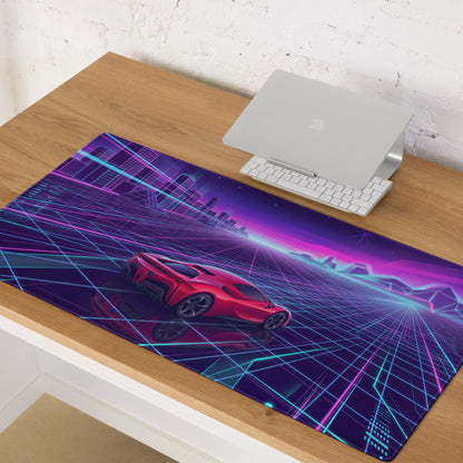 Ferrari SF90 Stradale Inspired Red Purple Vaporwave Gaming Mouse Pad – Neon Cyber Grid Desk Mat, Retro Futuristic Cityscape Digital Car Art