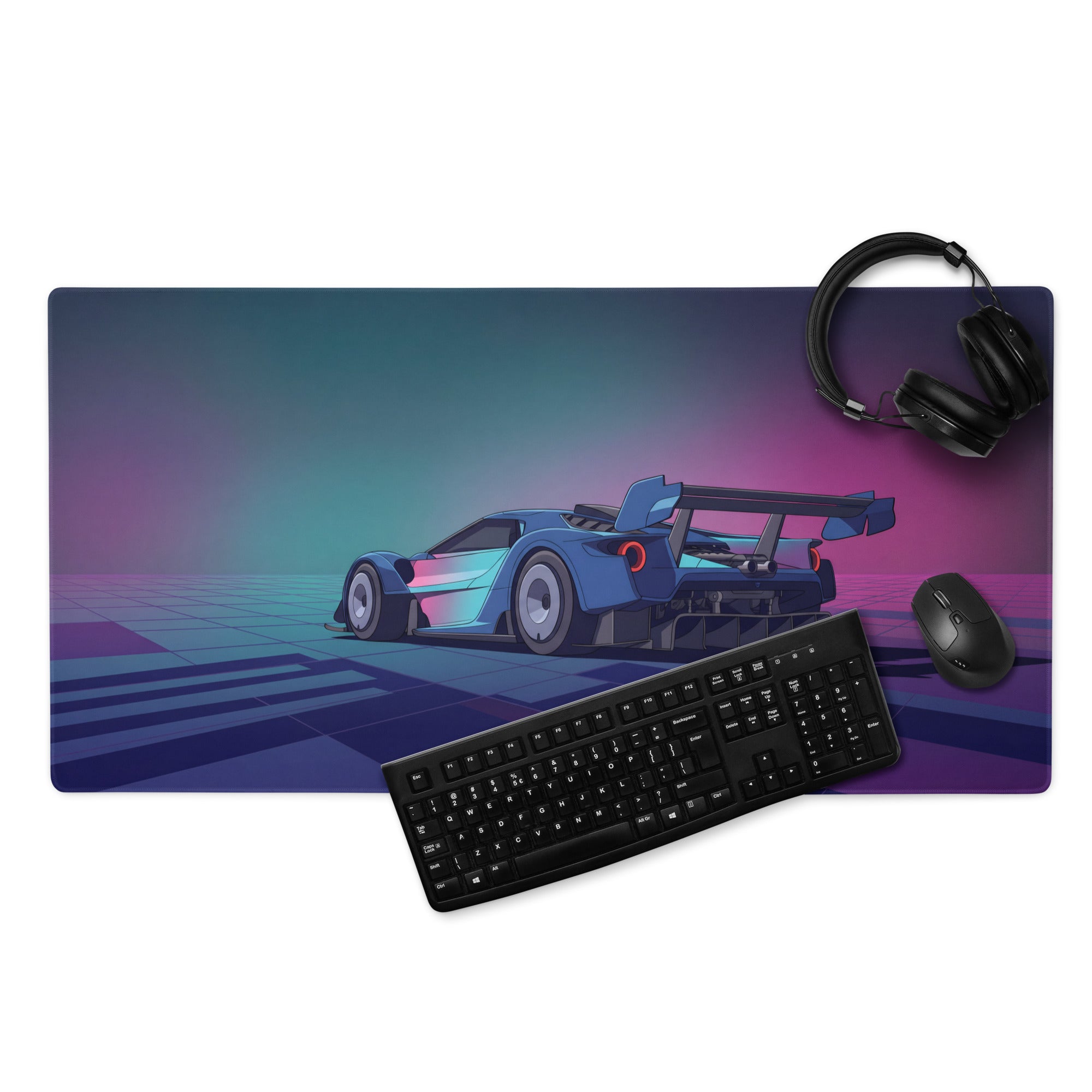 Ford GT Mk IV Inspired Blue Pink Vaporwave Gaming Mouse Pad – Neon Retro Grid Desk Mat, Futuristic Motorsport Digital Supercar Art