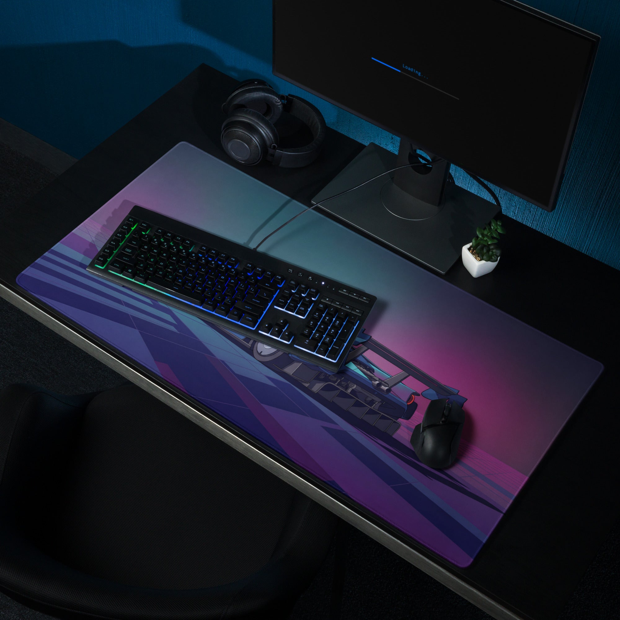 Ford GT Mk IV Inspired Blue Pink Vaporwave Gaming Mouse Pad – Neon Retro Grid Desk Mat, Futuristic Motorsport Digital Supercar Art