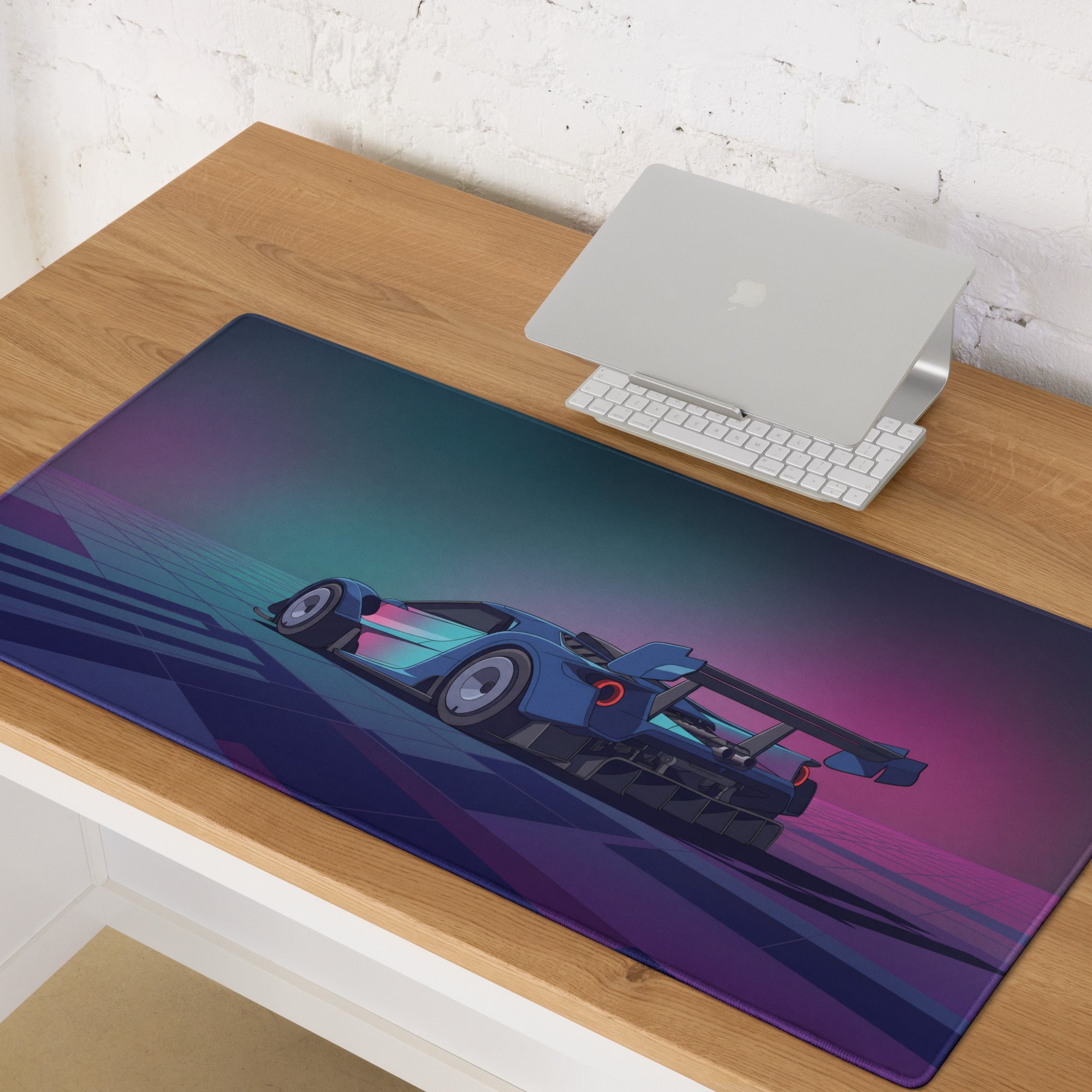 Ford GT Mk IV Inspired Blue Pink Vaporwave Gaming Mouse Pad – Neon Retro Grid Desk Mat, Futuristic Motorsport Digital Supercar Art