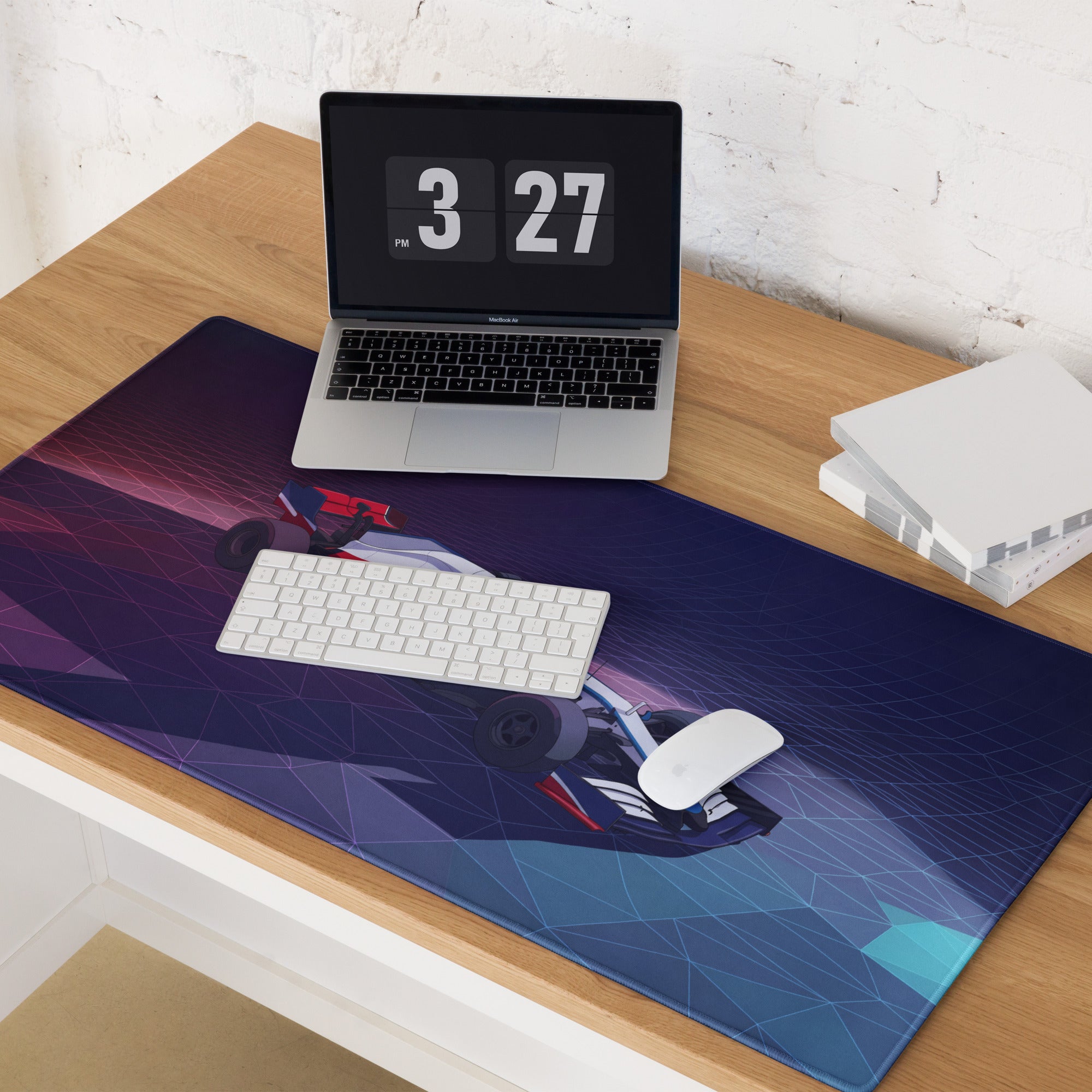 Formula 1 Race Car Inspired Red White Blue Vaporwave Gaming Mouse Pad – Neon Grid Desk Mat, Futuristic Grand Prix Motorsport Digital Art