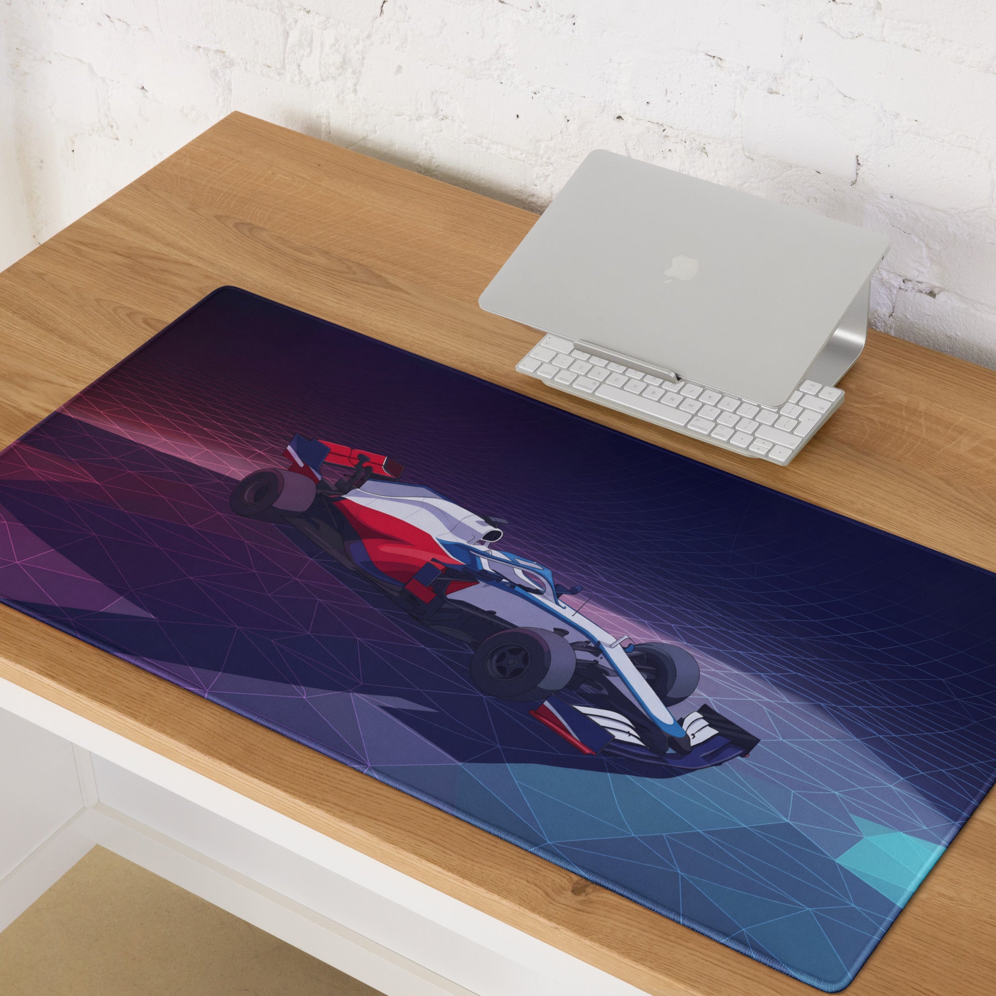 Formula 1 Race Car Inspired Red White Blue Vaporwave Gaming Mouse Pad – Neon Grid Desk Mat, Futuristic Grand Prix Motorsport Digital Art