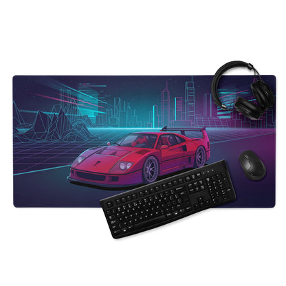 Ferrari F40 LM Inspired Red Purple Vaporwave Gaming Mouse Pad – Neon Cyber City Desk Mat, Retro Futuristic Grid Digital Supercar Art