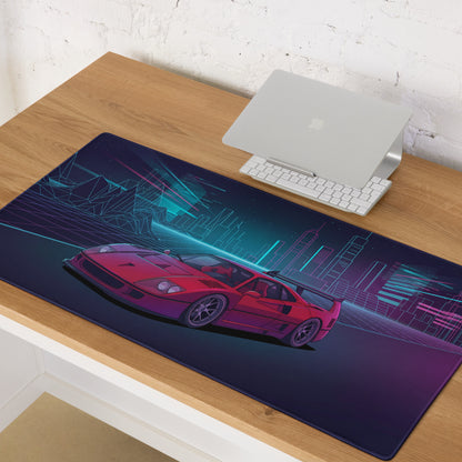 Ferrari F40 LM Inspired Red Purple Vaporwave Gaming Mouse Pad – Neon Cyber City Desk Mat, Retro Futuristic Grid Digital Supercar Art