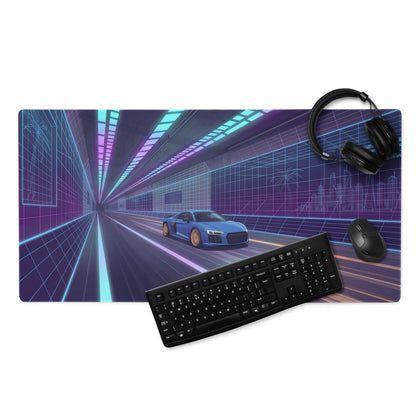 Audi R8 Inspired Blue Purple Vaporwave Gaming Mouse Pad – Neon Cyber Tunnel Desk Mat, Futuristic Speeding Supercar Digital Automotive Art
