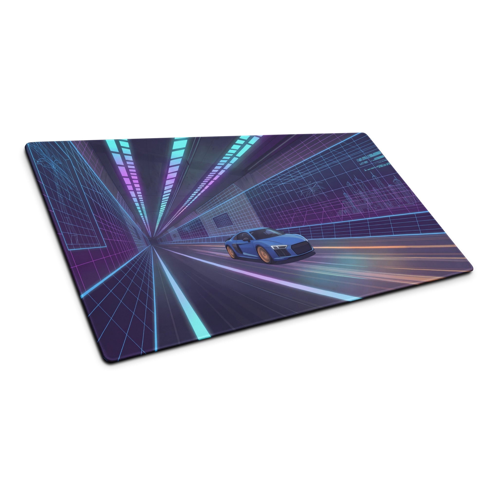 Audi R8 Inspired Blue Purple Vaporwave Gaming Mouse Pad – Neon Cyber Tunnel Desk Mat, Futuristic Speeding Supercar Digital Automotive Art