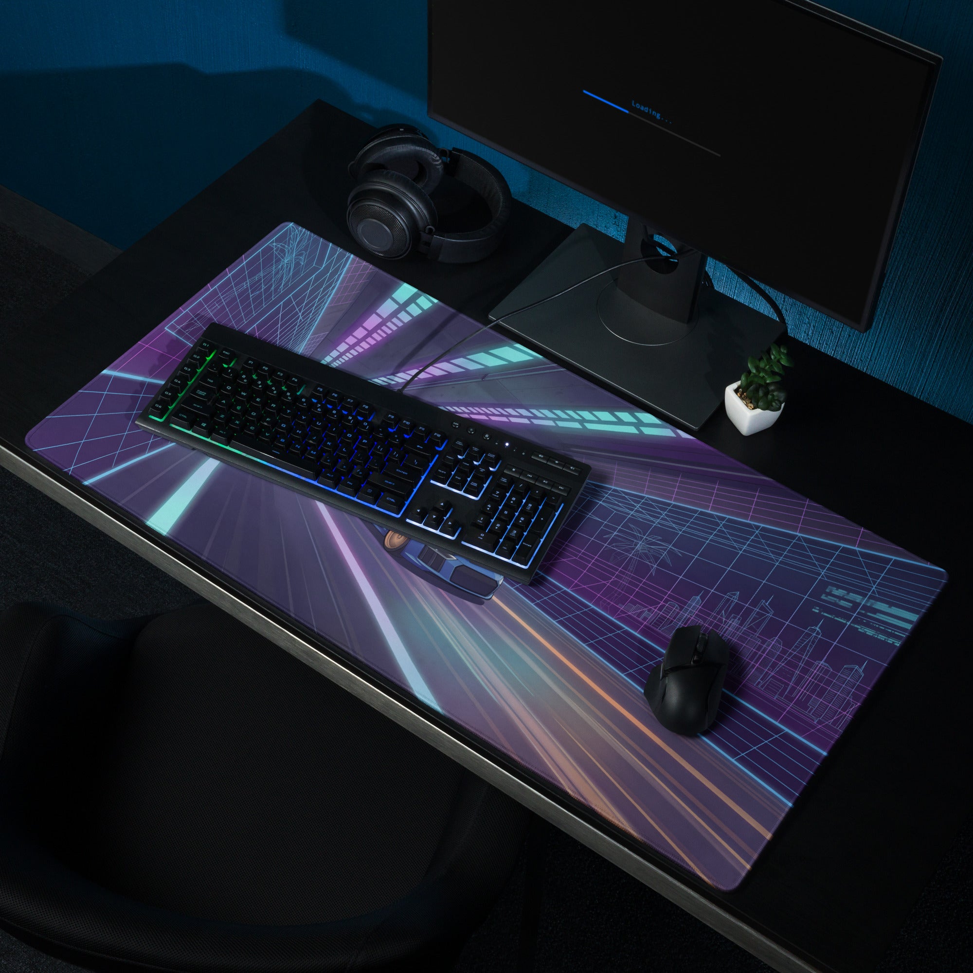 Audi R8 Inspired Blue Purple Vaporwave Gaming Mouse Pad – Neon Cyber Tunnel Desk Mat, Futuristic Speeding Supercar Digital Automotive Art