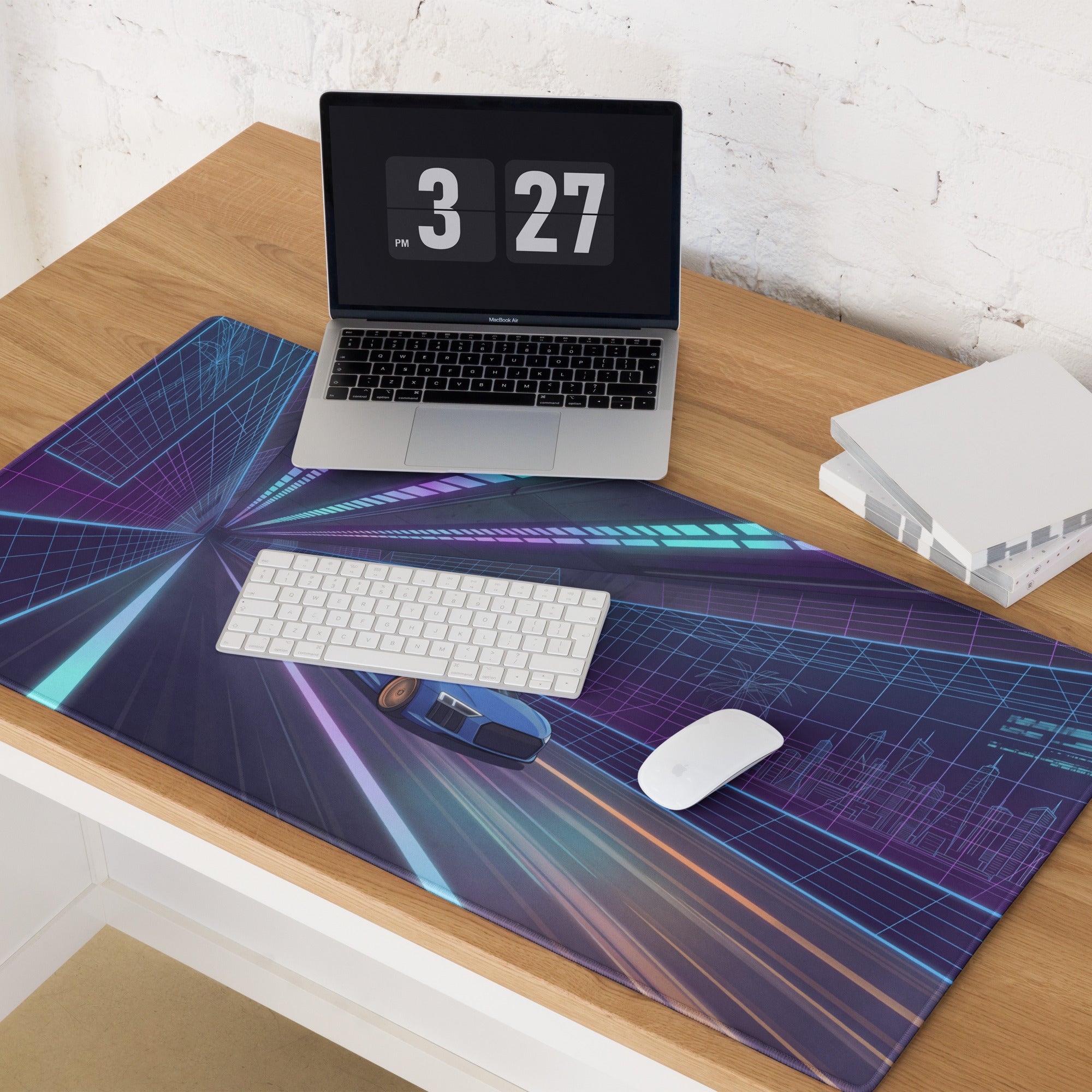 Audi R8 Inspired Blue Purple Vaporwave Gaming Mouse Pad – Neon Cyber Tunnel Desk Mat, Futuristic Speeding Supercar Digital Automotive Art