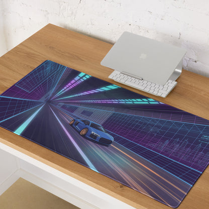 Audi R8 Inspired Blue Purple Vaporwave Gaming Mouse Pad – Neon Cyber Tunnel Desk Mat, Futuristic Speeding Supercar Digital Automotive Art