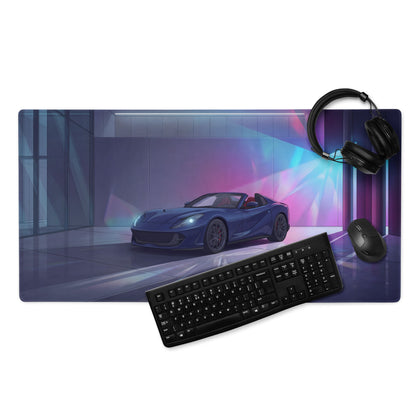 Ferrari 812 GTS Inspired Blue Purple Vaporwave Gaming Mouse Pad – Neon Luxury Garage Desk Mat, Futuristic Convertible Supercar Digital Art