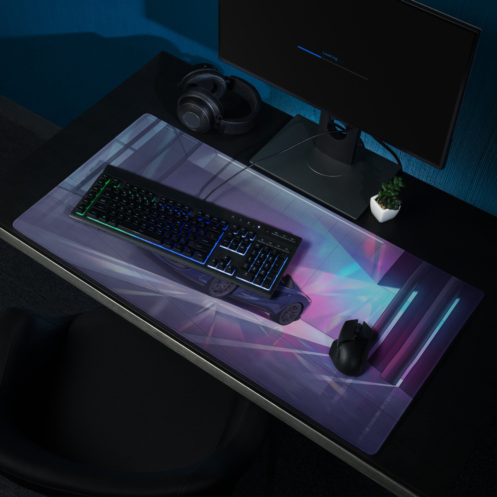 Ferrari 812 GTS Inspired Blue Purple Vaporwave Gaming Mouse Pad – Neon Luxury Garage Desk Mat, Futuristic Convertible Supercar Digital Art