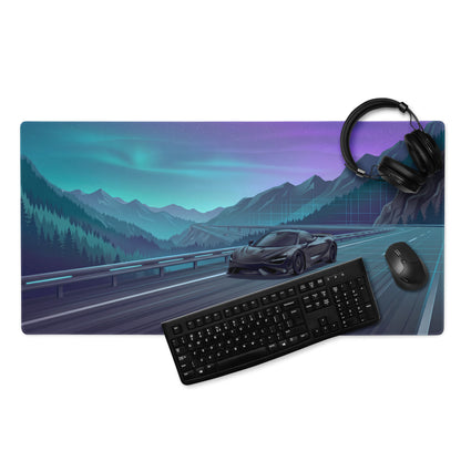 McLaren 765LT Inspired Black Teal Vaporwave Gaming Mouse Pad – Neon Mountain Highway Desk Mat, Futuristic Night Drive Digital Supercar Art