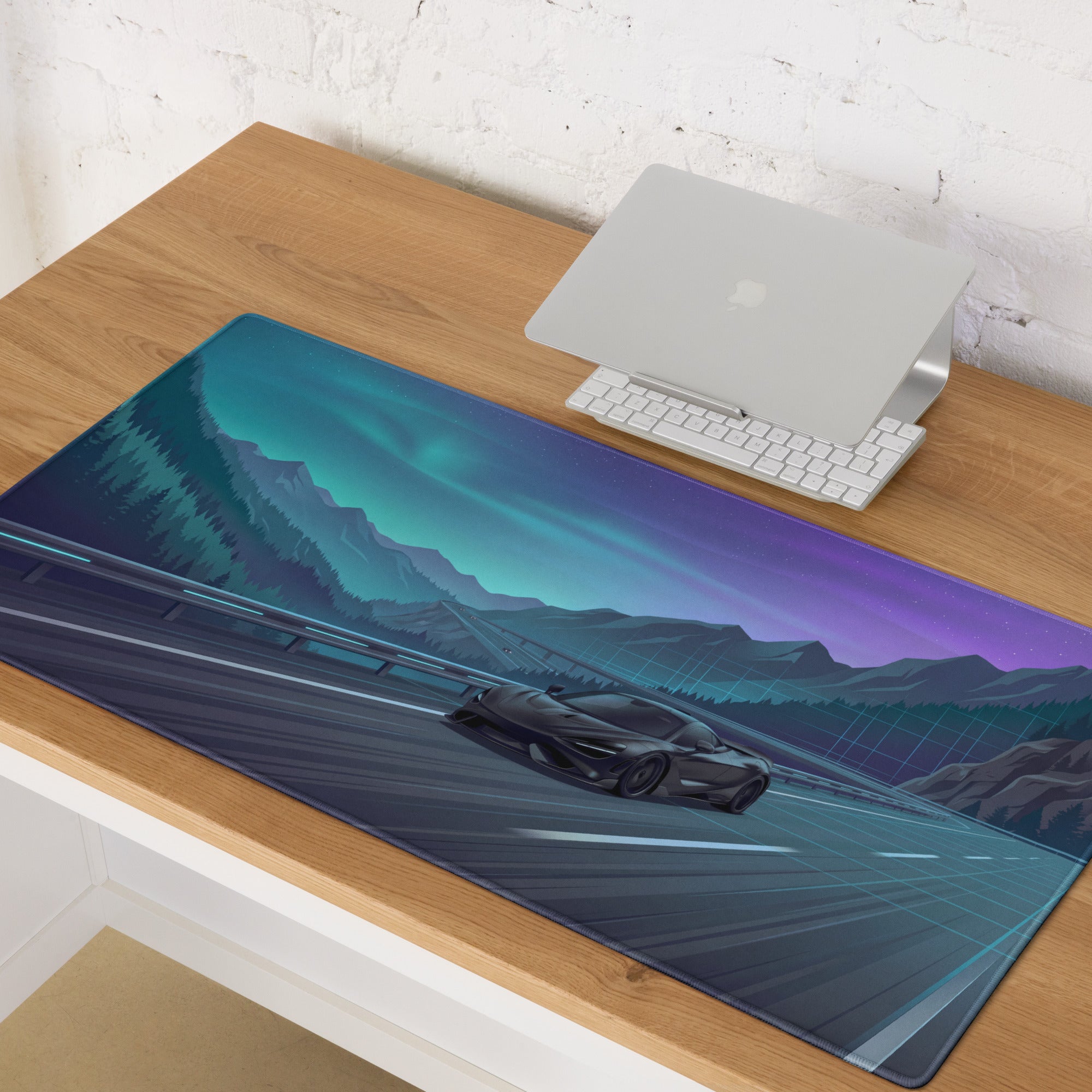 McLaren 765LT Inspired Black Teal Vaporwave Gaming Mouse Pad – Neon Mountain Highway Desk Mat, Futuristic Night Drive Digital Supercar Art