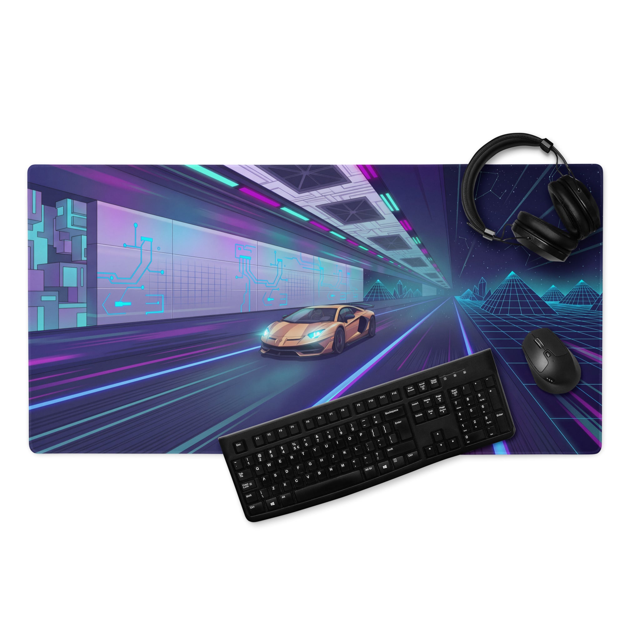 Lamborghini Aventador SVJ Inspired Gold Purple Vaporwave Gaming Mouse Pad – Neon Cyber Highway Desk Mat, Retro Futuristic Supercar Digital Art