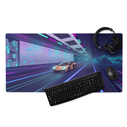 Lamborghini Aventador SVJ Inspired Gold Purple Vaporwave Gaming Mouse Pad – Neon Cyber Highway Desk Mat, Retro Futuristic Supercar Digital Art