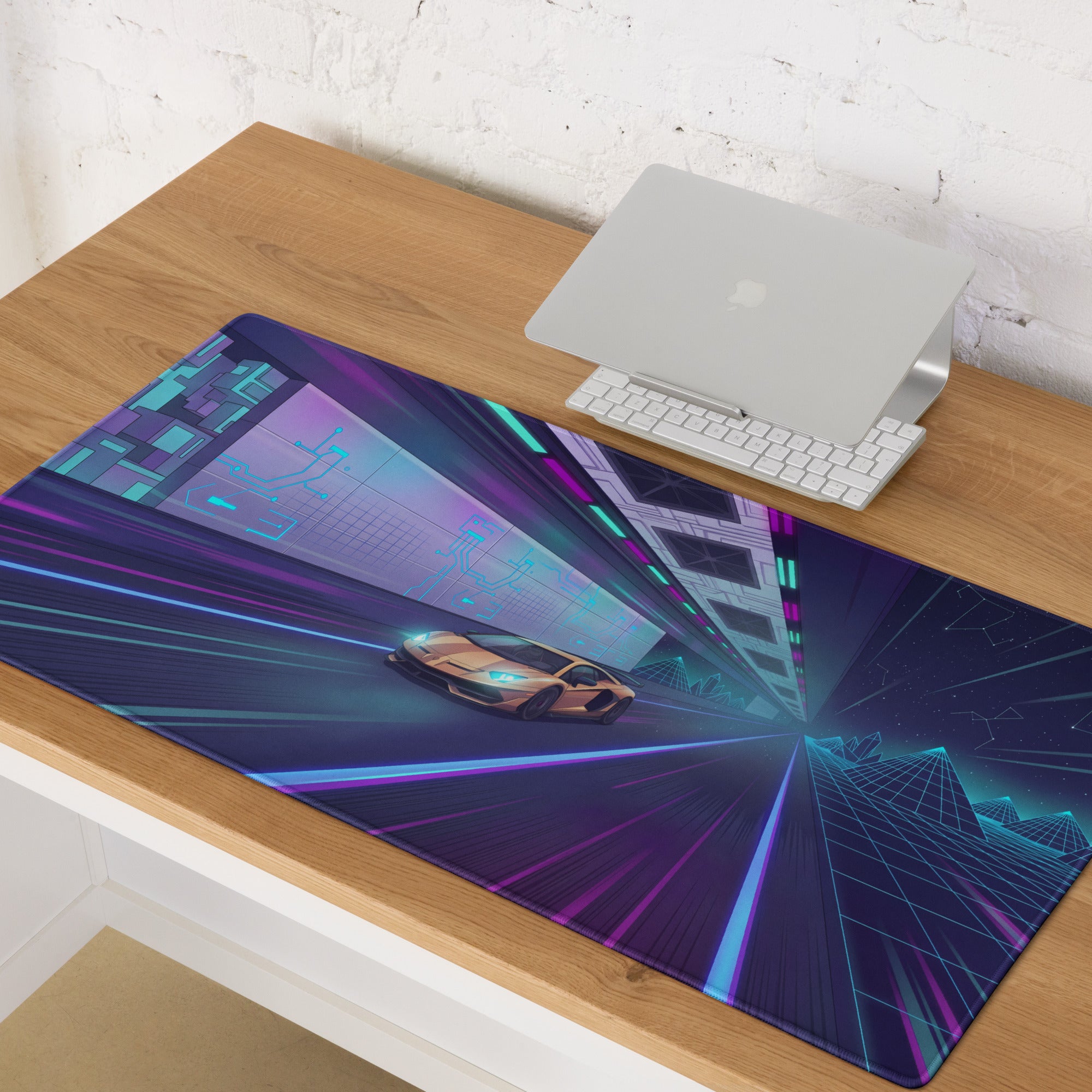 Lamborghini Aventador SVJ Inspired Gold Purple Vaporwave Gaming Mouse Pad – Neon Cyber Highway Desk Mat, Retro Futuristic Supercar Digital Art