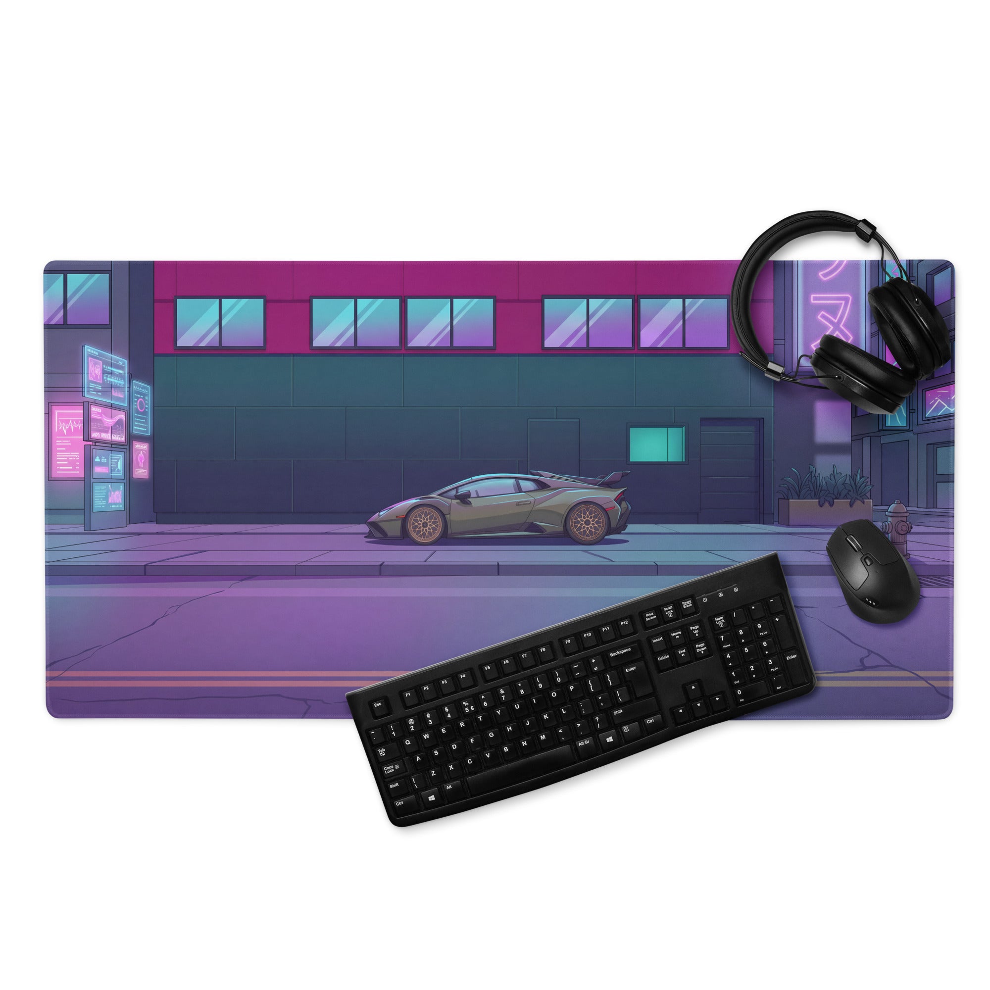 Lamborghini Huracán STO Inspired Gray Pink Vaporwave Gaming Mouse Pad – Neon Cyberpunk Street Desk Mat, Futuristic Urban Supercar Digital Art